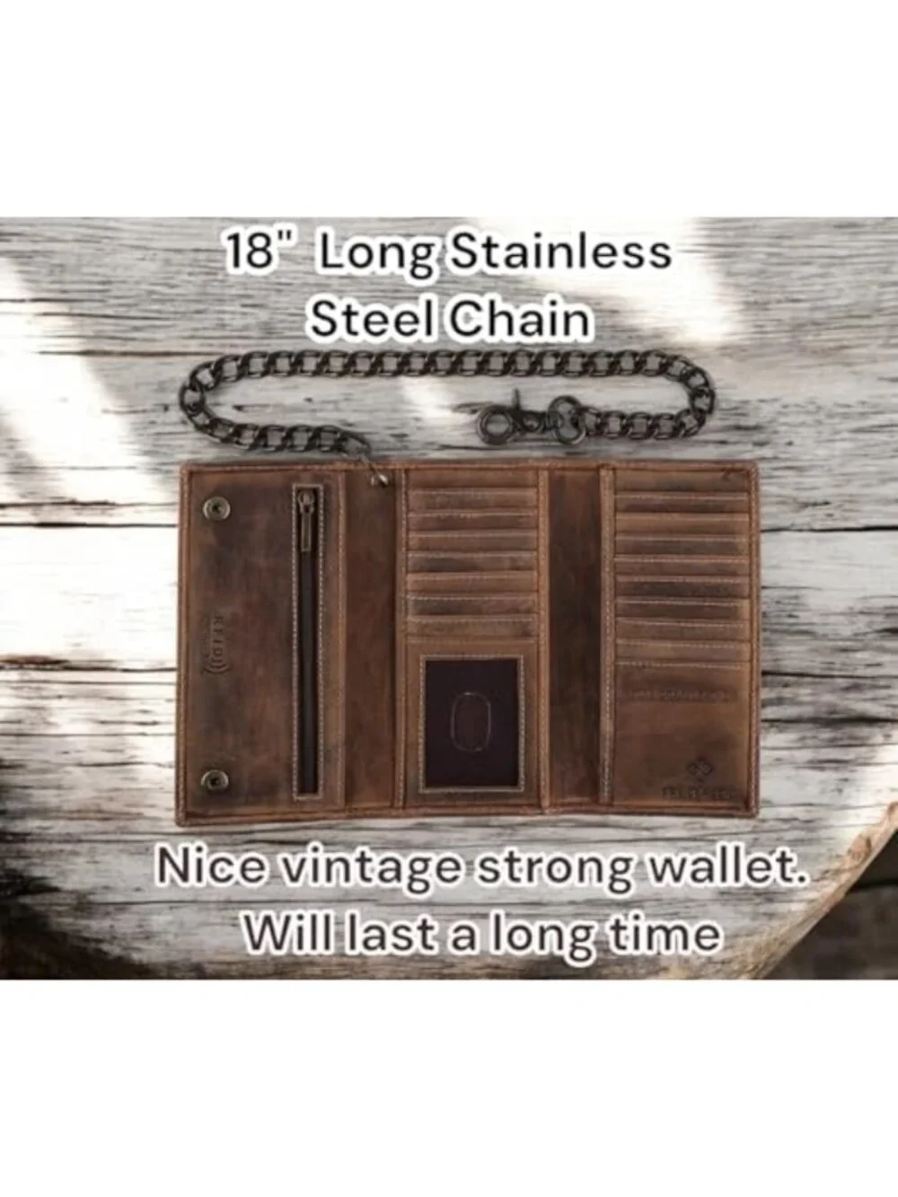Classic RFID Blocking Men's Tri-Fold Leather Wallet with Steel Chain - Brown